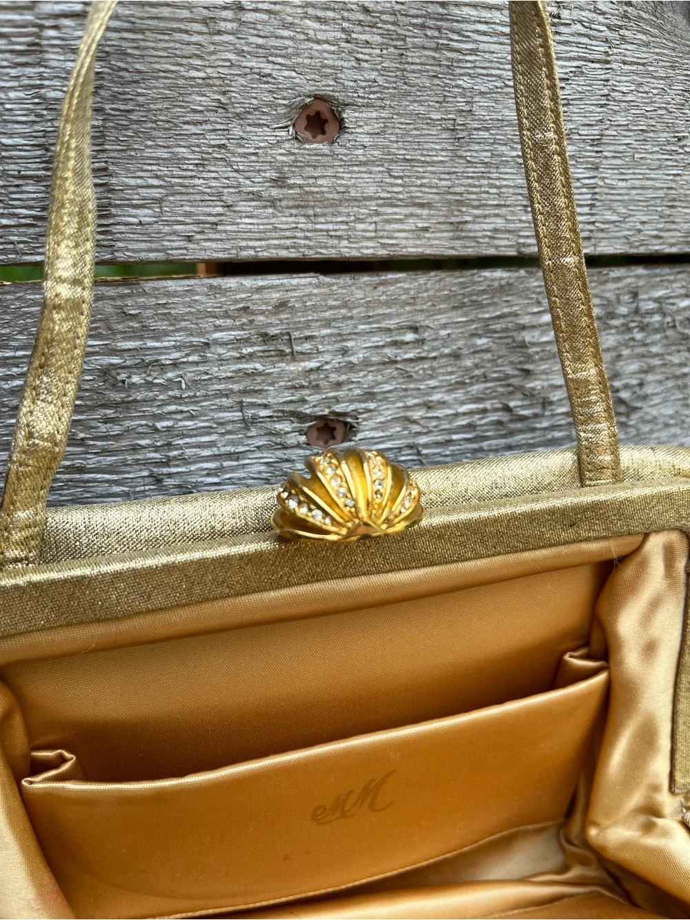VTG 1950s MM Morris Moskowitz Gold Metallic Evening Handbag Rhinestone Fan Clasp